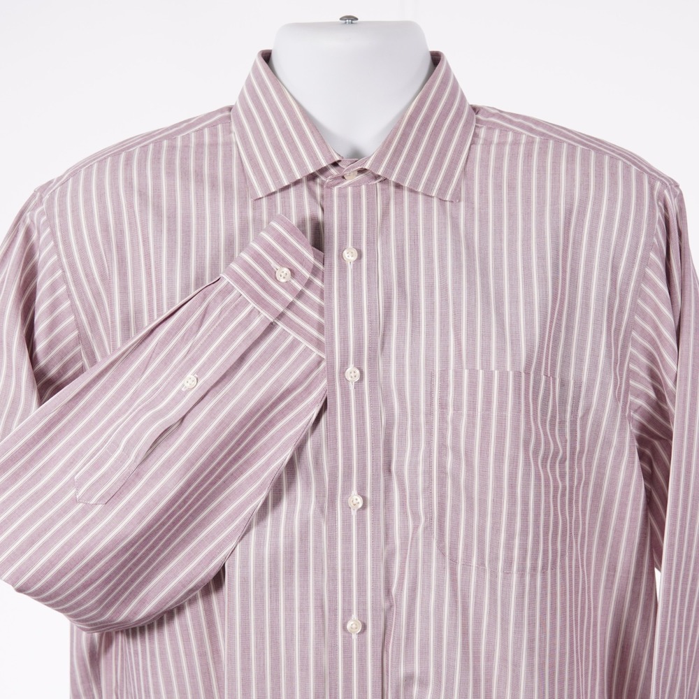 Jos A Bank Traveler Men 16.5 34 Purple White Striped Tailored Fit Dress Shirt